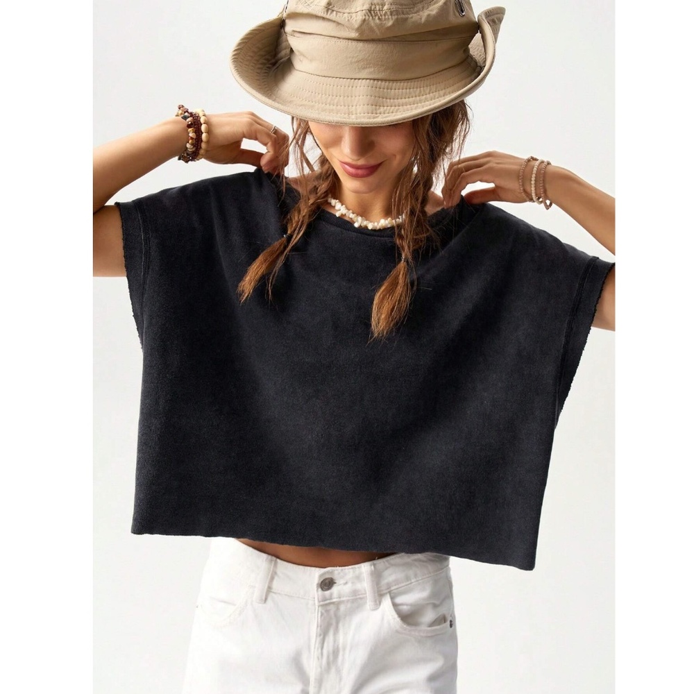 Black Cotton Oversized Cropped Muscle Tee Shirt Raw Hem and Inside Out Stitches - Picture 6 of 11